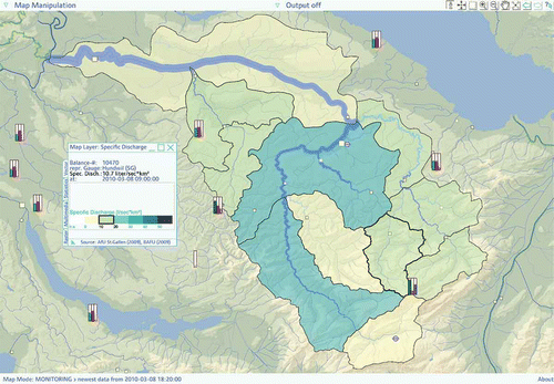 Fig. A2 Map example showing real-time monitoring of streamflow (depicted by squares), by an interpolated band along the river course and by specific discharge areas (L s-1 km-2) for selected hydrological sub-basins. Air humidity, air temperature and air pressure are shown as framed rectangles.