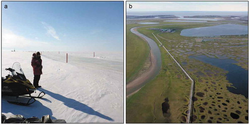 Figure 1. Views of the human footprint on the Arctic Coastal Plain of northern Alaska in winter (A) and summer (B).