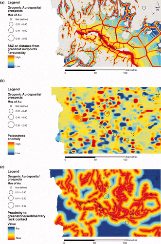 Figure 5 (a) Proximity to Sirkka Shear Zone (SSZ) combined with the distance to granitoid midpoints in the greenstone belt, as a measure of strain gradients. (b) Paleostress modelling. (c) Proximity to greenstone/sedimentary rock contacts, as used to define the regional zones of rheology contrast and hydrothermal fluid seals. The coarseness of the pattern probably relates to erosion of most of the sedimentary rocks post-gold mineralisation.