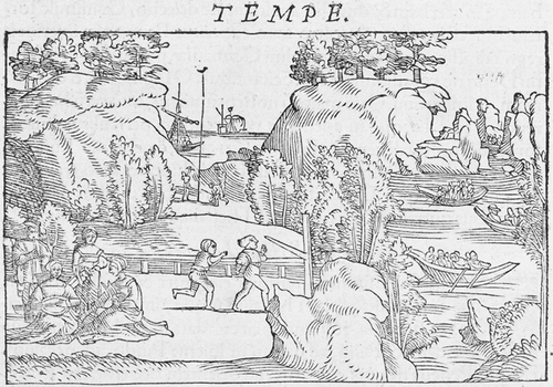 Figure 15 Woodcut view of Tempe from Nicolaus Gerbel,In descriptionem Graeciae Sophiani praefatio (Basel, Johannes Oporin, 1545), p. 48. Gerbel's description and Christoph Schweicker's illustration are based on Aelian's description of the valley as a locus amoenus, a place of pleasure and poetical reflection. 8×12.5 cm. (Reproduced with permission from the Gennadius Library, The American School for Classical Studies, Athens, GT 11, p. 48.)