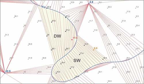 Figure 7. A confirmed shoal (17.5 m) on the deep-water side of a curve and a “warning” (8.6 m) on the shallow-water side of the depth curve that indicates the absence of a curve with VALDCO 9.1 m surrounding it.