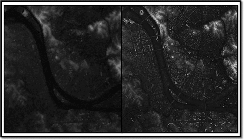 Figure 3. (Left) digital surface Model using 30 m SRTM data. (Right) digital surface Model derived from 2-view epipolar satellite imagery. Note the detail as the DSM is very near the GSD of the input satellite imagery (approximately 1.5 m postings).