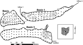 Figure 1. Morphology of Basins 1–3 of the Dutch Fork Wetland, Licking County, Ohio. Points indicate sampling locations for soil, vegetation, and hydrologic metrics. Contour lines (0.2 m interval) indicate mean depth, 2007–2009.