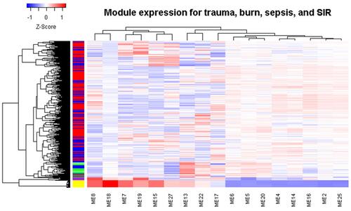 Figure 5 Module expression clustering heat map shows the different expression patterns across trauma, burns, sepsis and SIRS. In the left color bar, yellow indicates sepsis, green indicates normal samples, red indicates trauma, blue indicates burns, and purple indicates SIRS.