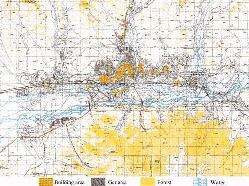 Figure 6. Topographic map of Ulaanbaatar area of 1969, scale 1:50,000. The size of the displayed area is about 28 km × 20 km.