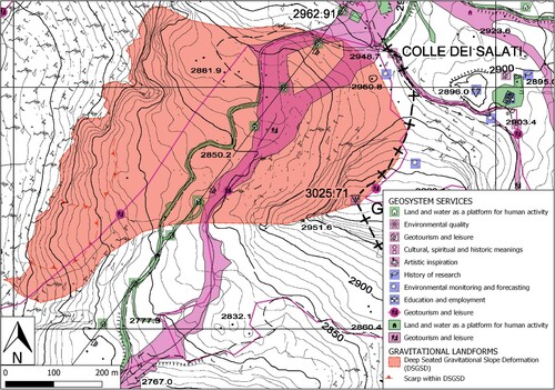 Figure 7. An example of potential dangerous interaction is reported as the deep-seated gravitational slope deformation, identified on the Passo dei Salati area, interacting with the geosystem services linked to human presence such as ropeways installations and access routes, ski slopes, geotouristic/trekking itineraries and panoramic spots.