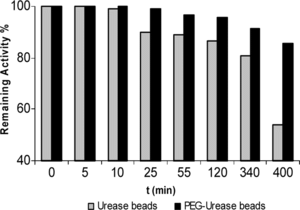 Figure 4 Stability of urease and PEG-urease beads at pH 6.0.