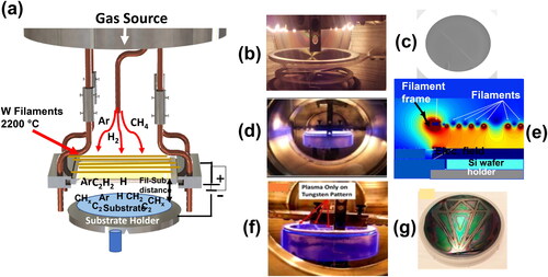 Figure 10. (a) Schematic of HFCVD system used for investigating and developing the UNCD film growth process. b) picture of HFCVD system growing a UNCD film on a 100 mm diameter Si wafer with the surface nanocrystalline diamond substrate “Seeded” by the chemical process described in Section 2.1; (c) picture of UNCD film grown during the process shown in (b); (d) picture of the HFCVD system during grown of a UNCD film on a Si wafer, using the BEN-BEG process described above (a plasma (white area) is established on the substrate surface; (e) Modeling showing the electric field distribution across the substrate between the positively biased filaments and the negatively biased substrate, to attract C+, CHx+, H+, and Ar+ ions formed in the plasma produced by the filament-substrate electric field; f) picture of the HFCVD system during selective BEN-BEG growth of UNCD films on tungsten (W) micron scale lines grown on a Si wafer to demonstrate BEN-BEG-induced selective growth of UNCD films on Si wafers for MEMS/NEMS and microelectronic device fabrication; (g) BEN-BEG selectively grown UNCD film on W lines on a 100 mm Si wafer (Reprinted from Diamond and Related Materials, vol. 78, p. 1, 2017 (Figure 1) in [Citation33] with permission from Elsevier Publisher).