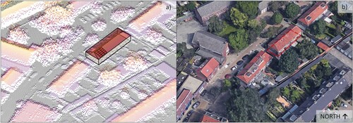 Figure 22. (a) 3D model geometry of a building placed in the corresponding DSM point cloud. (b) Aerial view of the same building and surroundings.