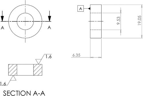 Figure 2. Ring compression test specimen drawing. All dimensions in mm and surface roughness (Ra) in µm.