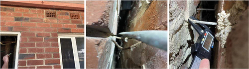 Figure 7. Example 68-year-old wall east elevation inspected showing ventilation bricks and cavity access point (left), wall cavity ties showing brown steel corrosion staining as evidence of loss of protective galvanised layer (middle), and example of remaining thickness measurement (4.3mm), suggesting a likely original thickness of 5 mm (Ancon Citation2021) (right).