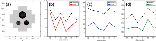 Figure 16. Relative L2 error plots in three regions of interest (ROI): high contrast case with added noise. (a) shows the selected ROIs. (b), (c) and (d) are the relative L2 error plots for the red, blue and green ROIs, respectively.