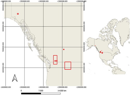 Figure A1. Map of the study sites including Montana, Washington, British Columbia, Alberta, and Yukon.