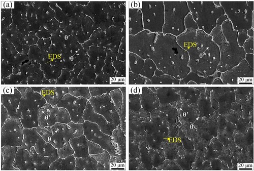 Figure 6. SEM images of deposited 2319Al microstructure with micron TiB2 particles: (a-d) SEM images with 0.3, 0.6, 0.9, and 1.2 wt.% micron TiB2 particles.