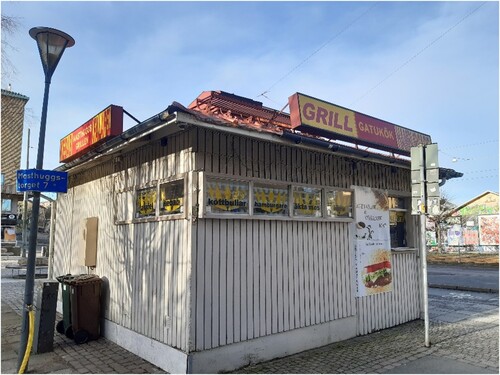 Figure 2. A typical fast-food stand in modern Gothenburg, Sweden, selling both hot dogs and burgers, and falafel and kebab. Photo by the author, January 2022.