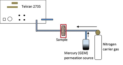 Figure 1. Abridged experimental set up using Tekran 2735X mercury vapour analyser. Permeation source was liquid mercury secured in a thermally controlled water bath at 50°C. Sample carrier gas was pure nitrogen. Tekran internal carrier gas was pure argon, with sample flow rate 0.5 L min-1, samples dimensions were 28 cm2 of lineally compressed 5 mm thick discs of coir treated with non cross- linked polymeric siloxane and CuI.