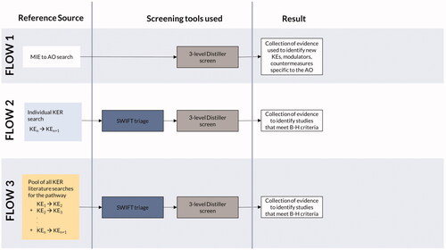 Figure 3. Summary of the three iterations of the scoping review protocol tested. Flow 1 was the initial created protocol, while flow 2 and flow 3 developed after flow 1 was tested, and inefficiencies in the methodology were addressed.