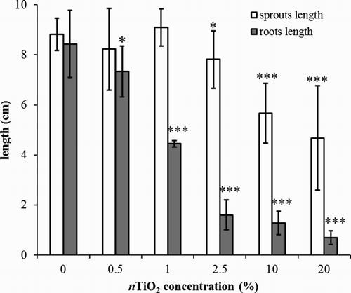 Figure 4. Average length of roots and shoots of barley (Hordeum vulgare L.) after six-day cultivation on agar medium (type I) under different nTiO2 concentrations (%). The lengths of both roots and shoots diminish with rising nTiO2 concentration. A significant change was observed at concentrations higher than 0.5% and 2.5% for roots and shoots, respectively. The error bars represent standard deviation from seven measurements (* statistically significant difference from control on significance level α = 0.05, ** statistically significant difference from control on significance level α = 0.01, *** statistically significant difference from control on significance level α = 0.001).