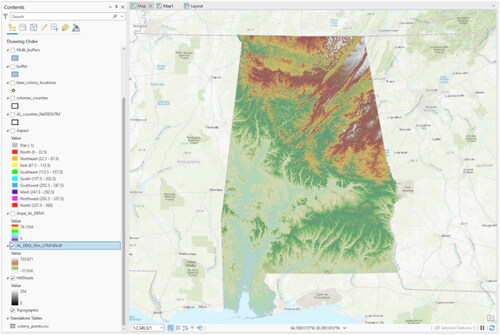 Figure 39. Example of a transparent DEM draped over the hillshade raster to show terrain definition.