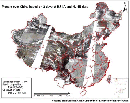 Figure 6.  True-color composite mosaic of China based on the combination of two days’ CCD data from HJ-1A and HJ-1B.