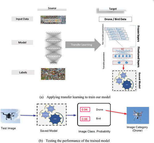 Figure 2. Transfer learning framework used from pre-trained models to our target model; divided on a) a training and b) a testing phases.