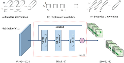 Figure 2. Illustration of depth-wise separable convolution. The depth-wise separable convolution is built by replacing (a) the standard convolution with (b) a depth-wise convolution and (c) a point-wise convolution. (d) network structure of MobileNetV2.