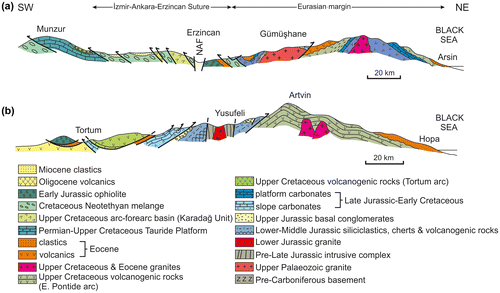 Figure 2. Simplified N–S cross-sections of the İzmir–Ankara–Erzincan suture zone in the Eastern Pontides. (a) West of the area; (b) East of the area (see Figure 1). Based on the 1:500,000 Geological Map of Turkey (MTA, Citation2002), with modifications resulting from this work. NAF North Anatolian Transform Fault.