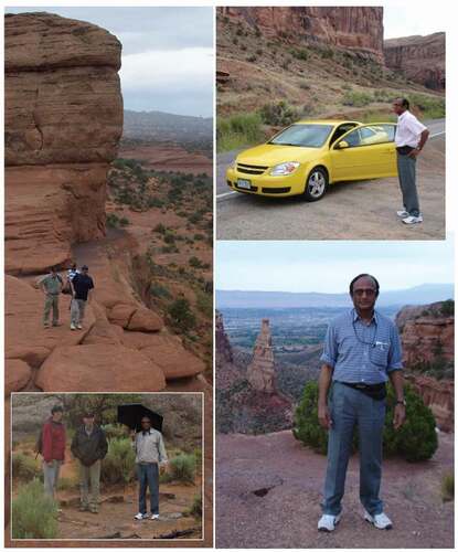 Figure 1. (Colour online) Left side: Prof. R. Stannarius, Prof. W. Weissflog, Prof. B.K. Sadashiva, (left to right in the inset) and I (the photographer) hiking in the Arches National Park after the Keystone ILCC in 2006; right-hand side pictures were used with courtesy of W. Weissflog.