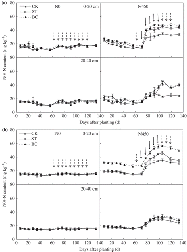 Figure 5. Soil nitrate-nitrogen (NO3-N) concentrations in the 0–20 and 20–40 cm depths as affected by soil treatment and nitrogen (N) application in (a) 2013 and (b) 2014. ‘ Display full size‘ represents irrigation, ‘ Display full size‘ represents fertigation. Error bars represent the standard error (SE; n = 3). Abbreviations: N0, no N fertilizer; N450, 450 kg N ha−1; CK, no amendment; ST, cotton (Gossypium hirsutum L.) straw amendment; BC, biochar amendment.