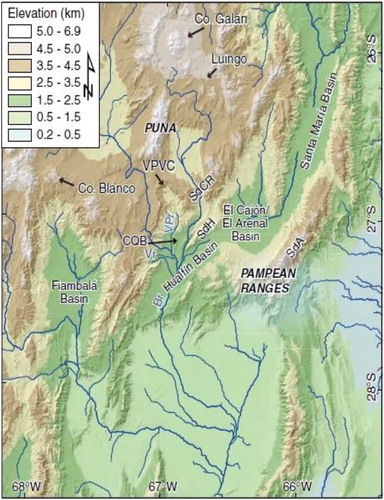Figure 2. Regional morphology with superimposed river network derived from a 30-m resolution Shuttle Radar Topography Mission (SRTM) digital elevation model of Cerro Blanco in the North West of Argentina. Source: (Guzmán et al. Citation2017).