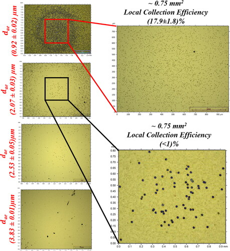 Figure 4. The local collection efficiency on a 0.75 mm2 surface area, based on optical microscopy images, for investigations of fluorescent particles on the primary impaction zone of a silicon surface.