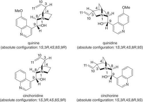Figure 1. Chemical structures of Cinchona alkaloids.The IUPAC names of quinine and quinidine are (R)-[(2S,4S,5R)-5-ethenyl-1-azabicyclo[2.2.2]octan-2-yl]-(6-methoxyquinolin-4-yl)methanol and (S)-[(2R,4S,5R)-5-ethenyl-1-azabicyclo[2.2.2]octan-2-yl]-(6-methoxyquinolin-4-yl)methanol, respectively. Note that the numbering of atoms in the IUPAC names differs from the conventional numbering of the atoms of quinine and quinidine.