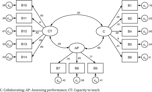 Figure 2. Final structural equation model for section B with standardised factor loadings and error terms.C: Collaborating; AP: Assessing performance; CT: Capacity to teach.