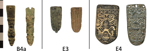 Figure 10. Examples of B4a (Cottam ‘B’, YORYM-174D97); E3 (LVPL-537933, YORYM-D98B74); and E4 strap-ends (LANCUM-BAC646, NMS-393CA2).