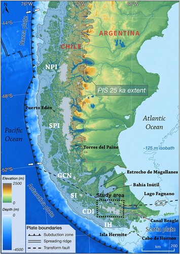Figure 1. Southern South America, including plate boundaries (Bird, Citation2003), modern icefields (in white), locations mentioned in the text, and the study area, overlaid on a GEBCO GDEM for orography and bathymetry. The isobath of −125 m is used to simulate the approximate past position of the coastlines at LGM (Lambeck et al., Citation2014; Siddall et al., Citation2003). The Patagonian Ice Sheet (PIS) ice extent at 25 ka is also shown (in light blue) and was extracted from PATICE (Davies et al., Citation2020). Present-day main ice masses are from RGI v6.0, Region 17 (RGI Consortium, Citation2017). NPI: Northern Patagonia Icefield; SPI: Southern Patagonia Icefield; GCN: Gran Campo Nevado; SI: Santa Inés; CDI: Cordillera Darwin Icefield; IH: Isla Hoste.