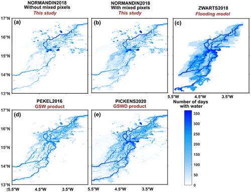 Figure 4. Mean flooding duration using the five methods. (a) from NORMANDIN2018 (with mixed pixels, (b) from NORMANDIN2018 (with mixed pixels), (c) from ZWARTS2018, (d) from PEKEL2016, and (e) from PICKENS2020.