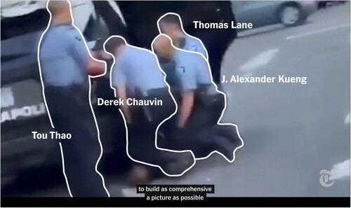 Figure 8. Screengrab 8: The four officers involved in the murder of George Floyd are made more salient using multiple highlighting techniques in How George Floyd Was Killed in Police Custody. © 2020 THE NEW YORK TIMES COMPANY.