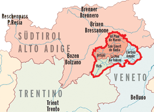 Figure 1. Distribution of Ladin-speaking areas. Retrieved from https://forum.unilang.org/viewtopic.php?t=38224. Accessed 27 August 2021.