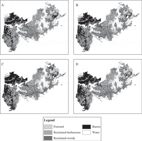 Figure 5. Land cover classification using (A) NAIP orthophotography (6.5 m) and SVM, (B) NAIP orthophotography (6.5 m) and RF, (C) RapidEye (6.5 m) and SVM, (D) RapidEye (6.5 m) and RF.