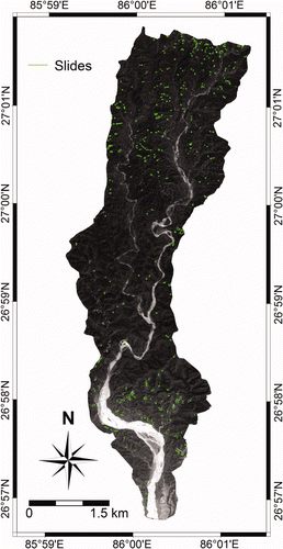 Figure 4. PRISM image of the Jalad catchment in the Siwaliks with 426 scars of failures. Available in colour online.