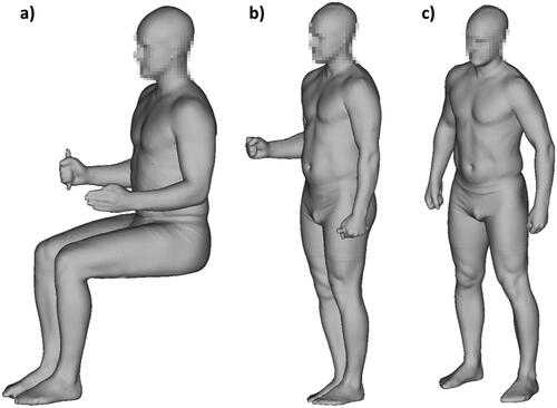 Figure 1. Anonymized sample scan image of the three different body postures (for better visualisation smoothed 3D scans are shown). Positions (a,b) are based on the recommendations, presented in ISO 20685-1; (c) is the standard scan position from the SHIP methodology.