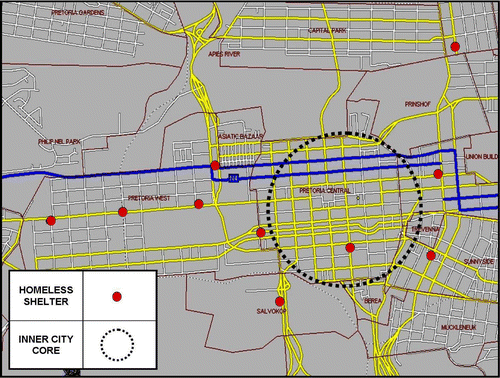 Figure 4: Shelter locations around Pretoria inner city