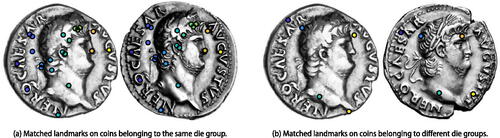 Figure 2: Matched sets of landmarks are used to construct a dissimilarity measure between images of coins. The number of landmarks is one of the components of this dissimilarity measure. Original unprocessed images are courtesy of the American Numismatic Society (n.d.) (left image in (a) and (b)), the Classical Numismatic Group (n.d.) (right image in (a)), and Gerhard Hirsch Nachfolger (Citation2013) (right image in (b)).