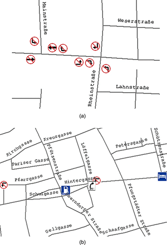Figure 9. An enlarged section of Figure 8 (dotted boxes) – (a) integrated turning restrictions and manoeuvres and (b) integrated POIs.