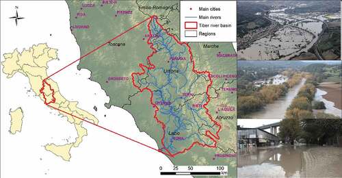 Figure 1. The Tiber River basin case study: river basin boundary and network with identification of the main boundary conditions of the domain of interest. The right insets include images from recent flood events in the Orte-Castel Giubileo floodplain.