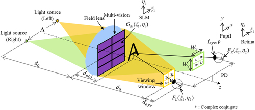 Figure 2. Forward and inverse cascaded Fresnel transform model considering both eyes of the observer in a holographic multi-vision system.