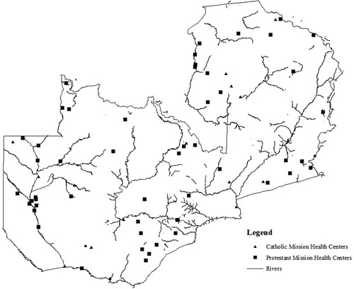 Figure 4. Protestant and Catholic mission health centres in Northern Rhodesia, 1953.