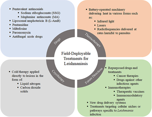Figure 1 Current field deployable treatments for leishmaniasis. Current field deployable therapies include chemotherapies which are the first-line treatment. Other mechanical therapies such as cryotherapy and thermotherapy can be operated in the field to treat skin lesions. Finally, future treatments include immunotherapies, nanocarriers and repurposing drugs to target the specific cellular niches of the parasite.