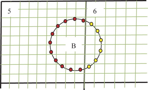 Figure 2. Schematic diagram of the Lagrangian points (marked in yellow) on which the interpolated fluid velocities in the SP_LIST of sub-domain 6 are sent to the MP_LIST of sub-domain 5.