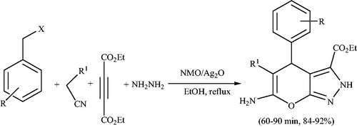 Scheme 43. NMO and Ag2O catalyzed synthesis of pyrano[2,3-c]pyrazoles.